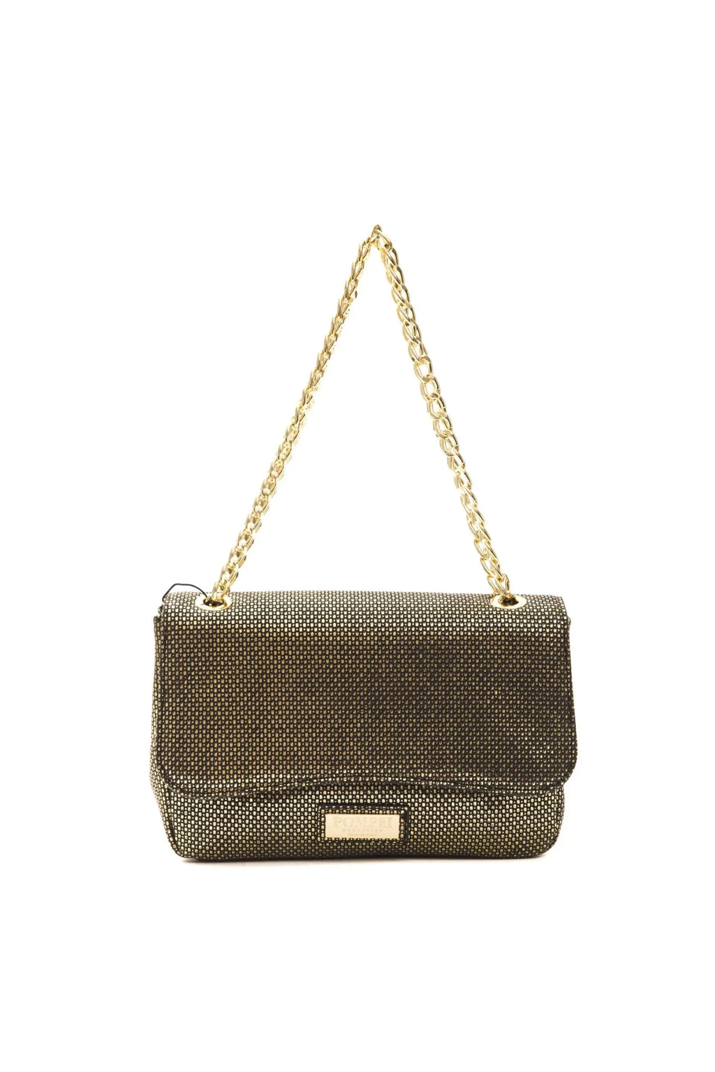 Metallic olive gold crossbody bag with flap closure and gold chain strap.