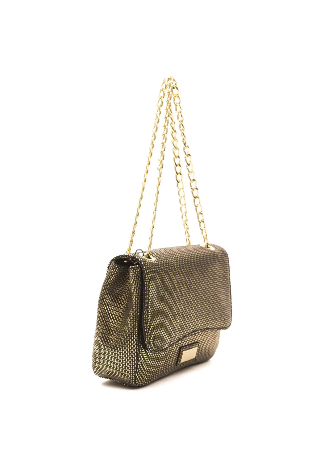 Metallic olive gold crossbody bag with flap closure and gold chain strap.