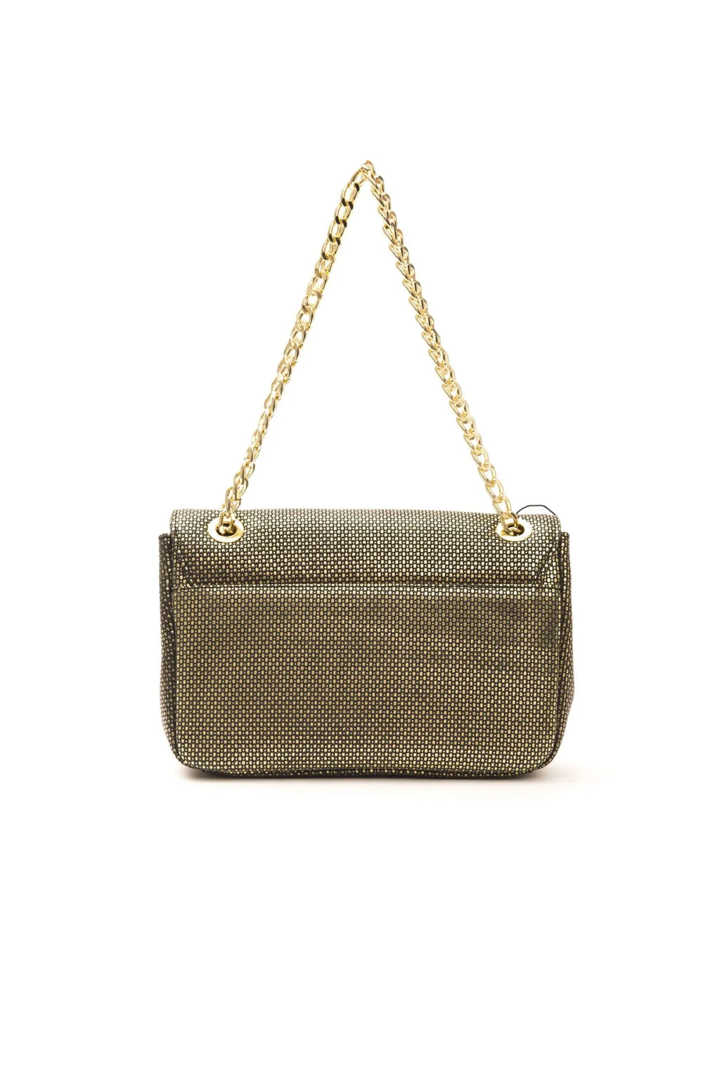 Metallic olive gold crossbody bag with flap closure and gold chain strap.