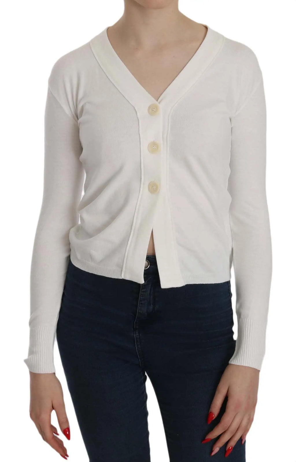 White V-neck cropped cardigan sweater with long sleeves and buttons down front.