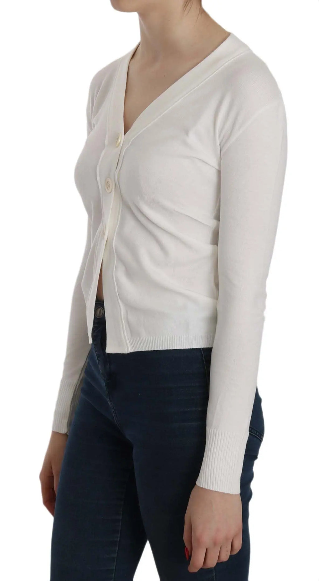 White V-neck cropped cardigan sweater with long sleeves and buttons down front.