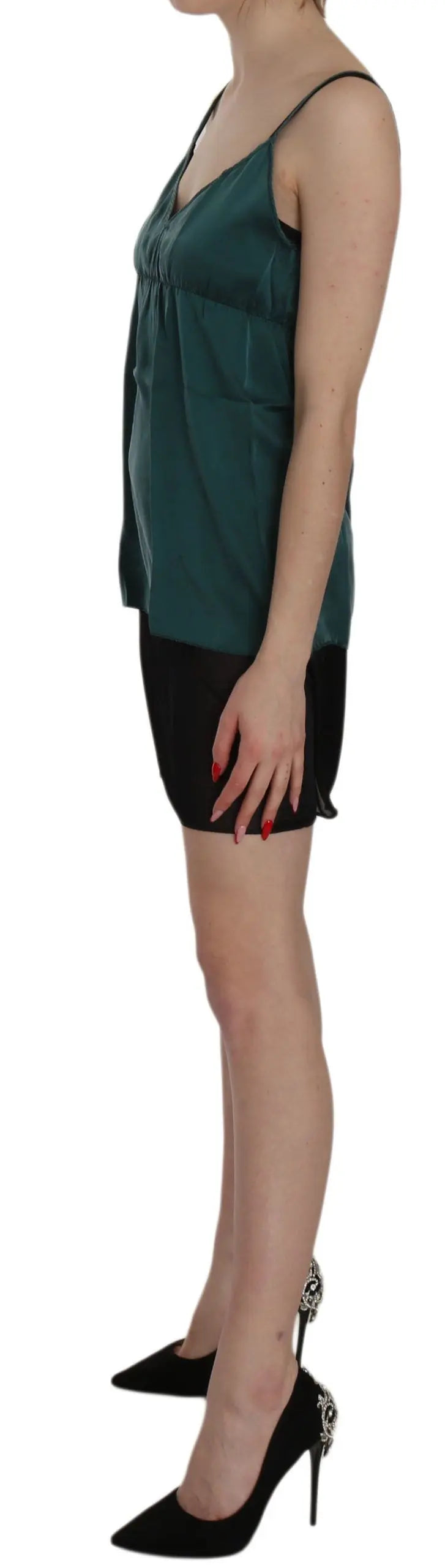 Green silk spaghetti strap shift mini dress with V-neck and sheer black hem.