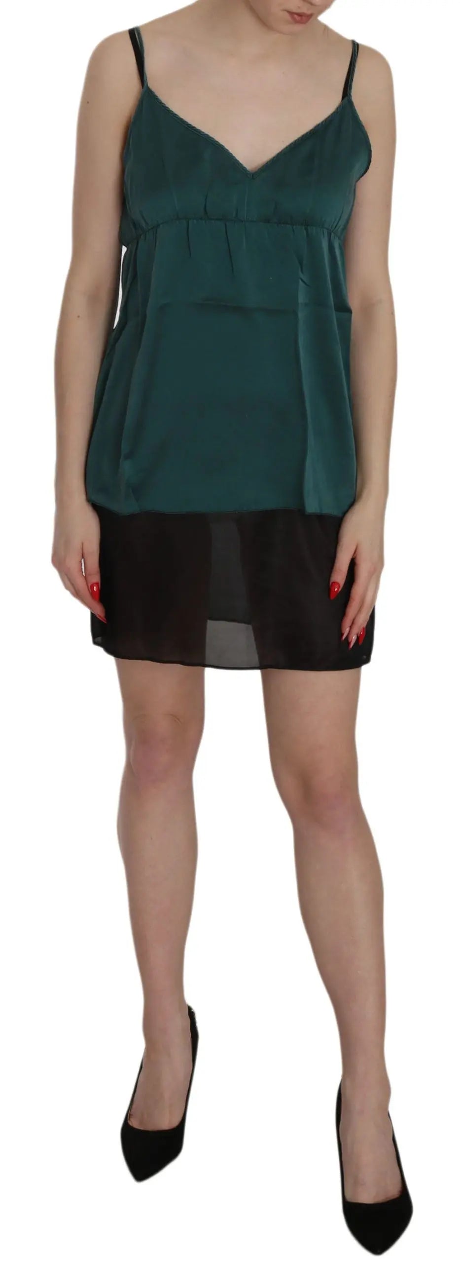 Green silk spaghetti strap shift mini dress with V-neck and sheer black hem.