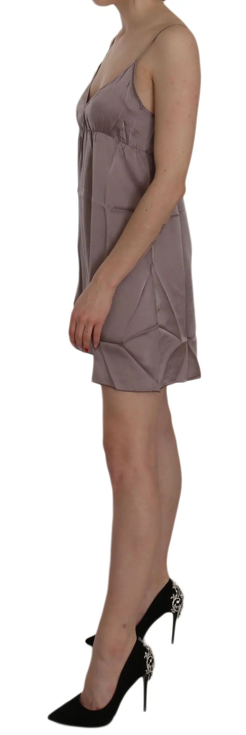 Purple silk A-line mini dress with spaghetti straps and layered hem.