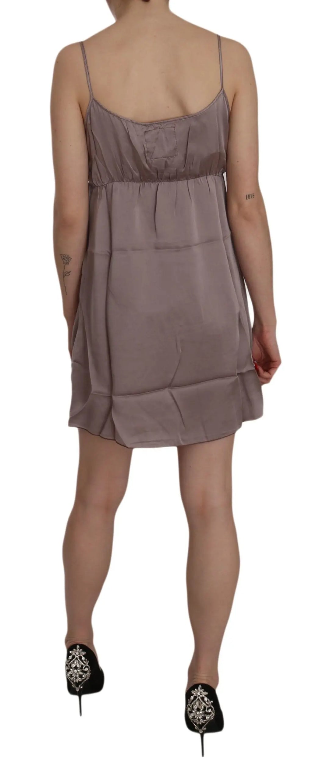 Purple silk A-line mini dress with spaghetti straps and layered hem.