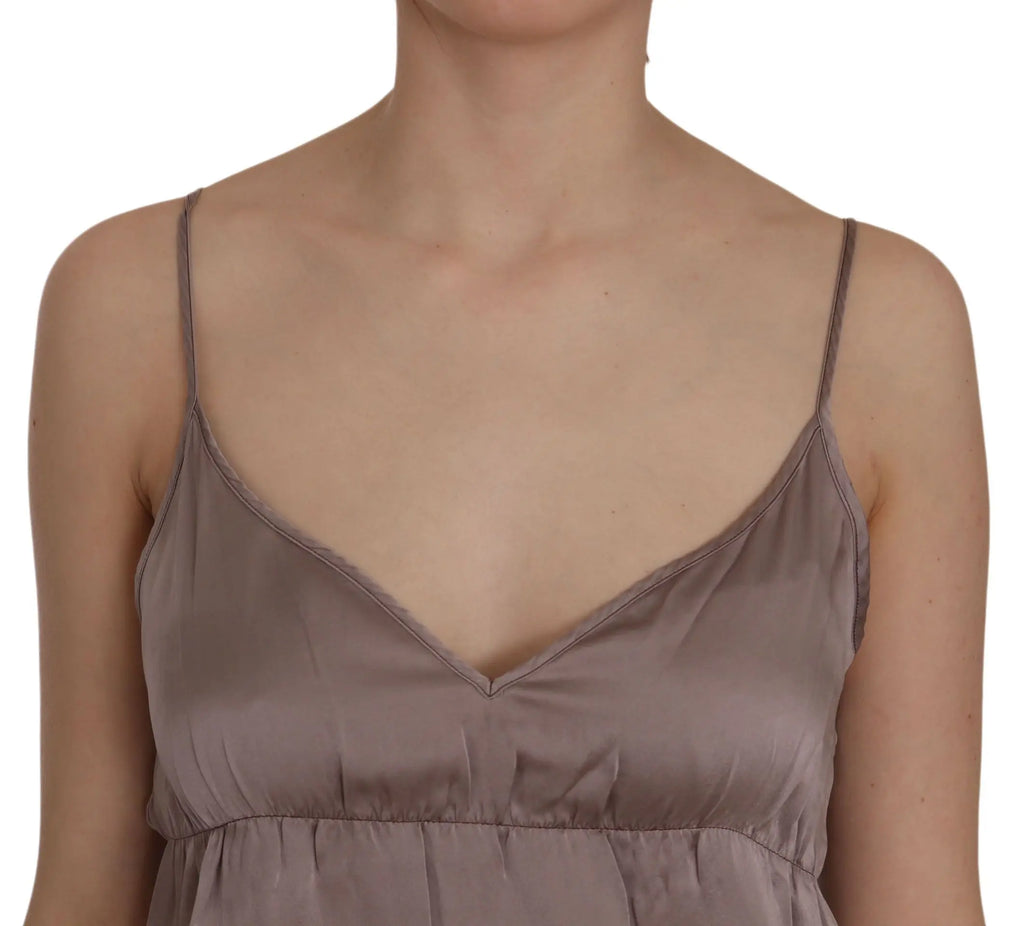 Purple silk A-line mini dress with spaghetti straps and layered hem.