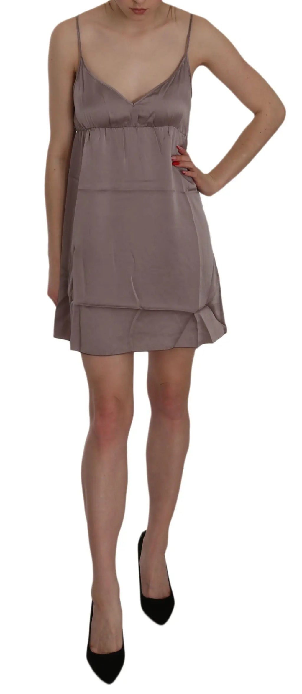 Purple silk A-line mini dress with spaghetti straps and layered hem.