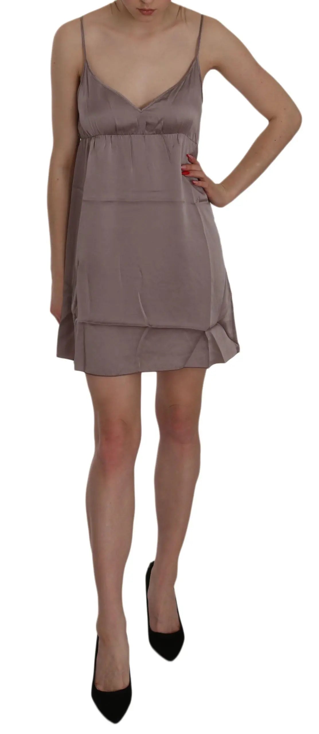 Purple silk A-line mini dress with spaghetti straps and layered hem.