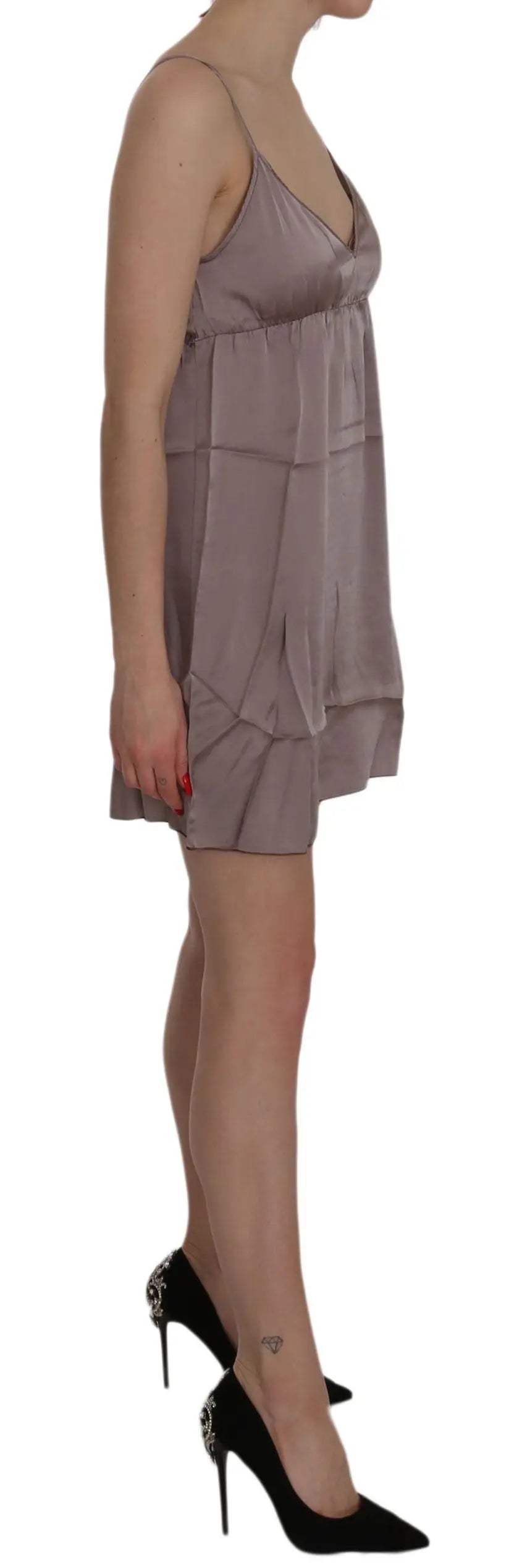 Purple silk A-line mini dress with spaghetti straps and layered hem.