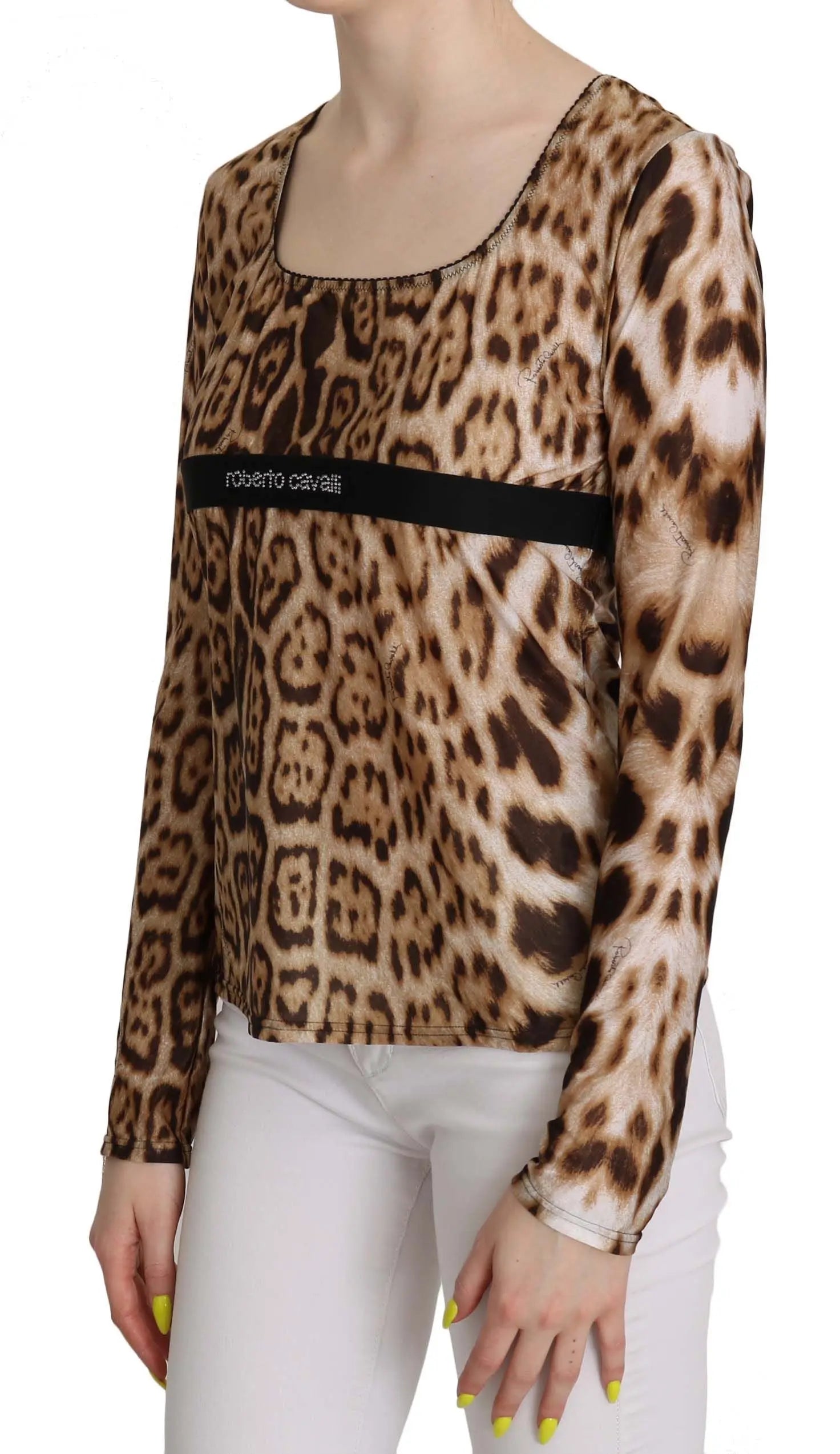 Brown leopard print long sleeve blouse with round neckline and black band detail across chest.