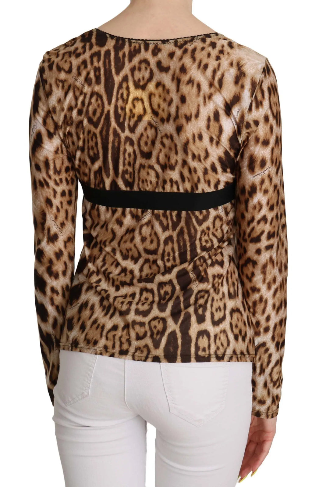 Brown leopard print long sleeve blouse with round neckline and black band detail across chest.