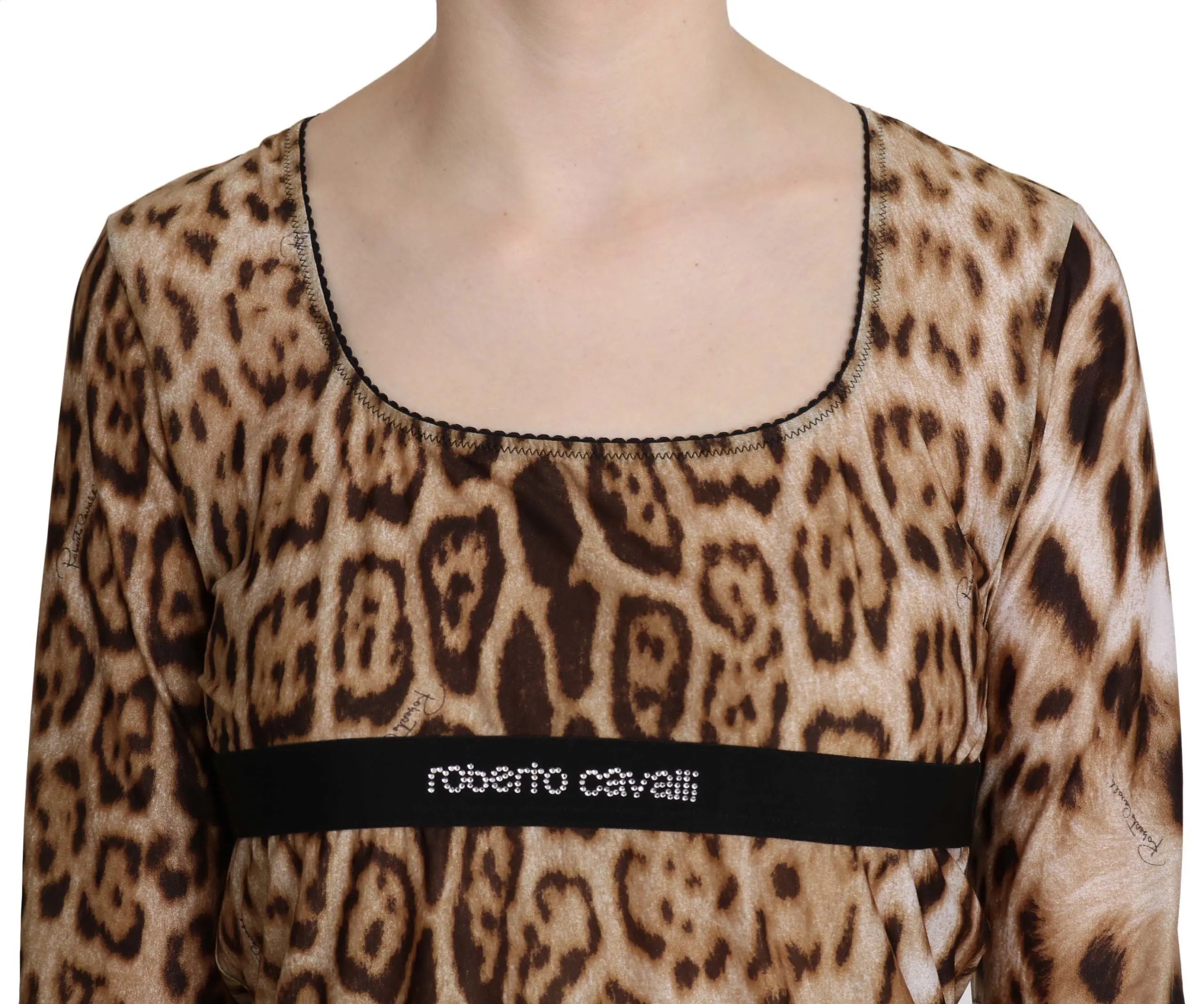 Brown leopard print long sleeve blouse with round neckline and black band detail across chest.