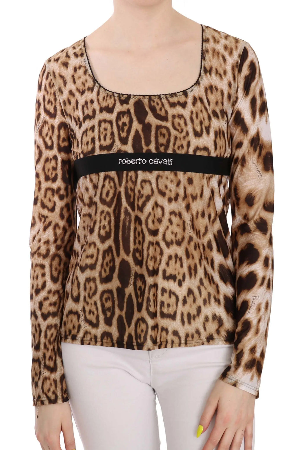Brown leopard print long sleeve blouse with round neckline and black band detail across chest.