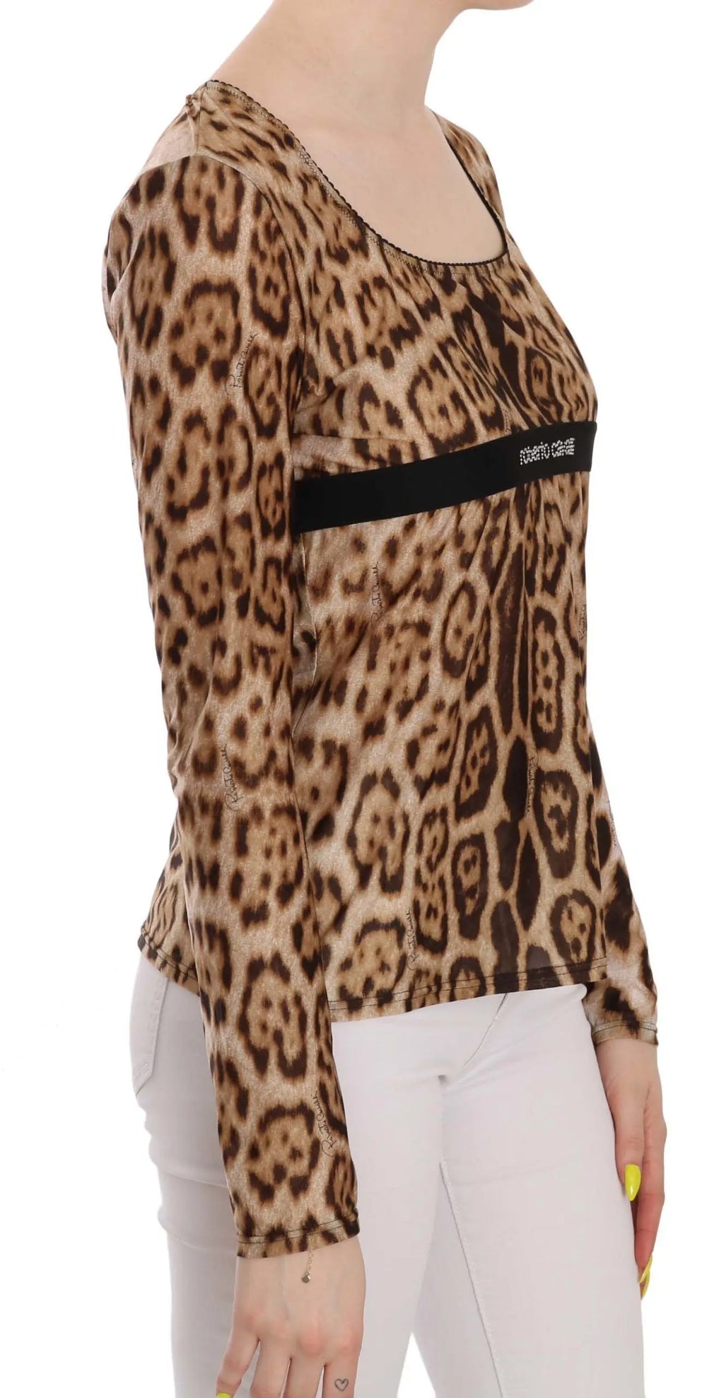 Brown leopard print long sleeve blouse with round neckline and black band detail across chest.