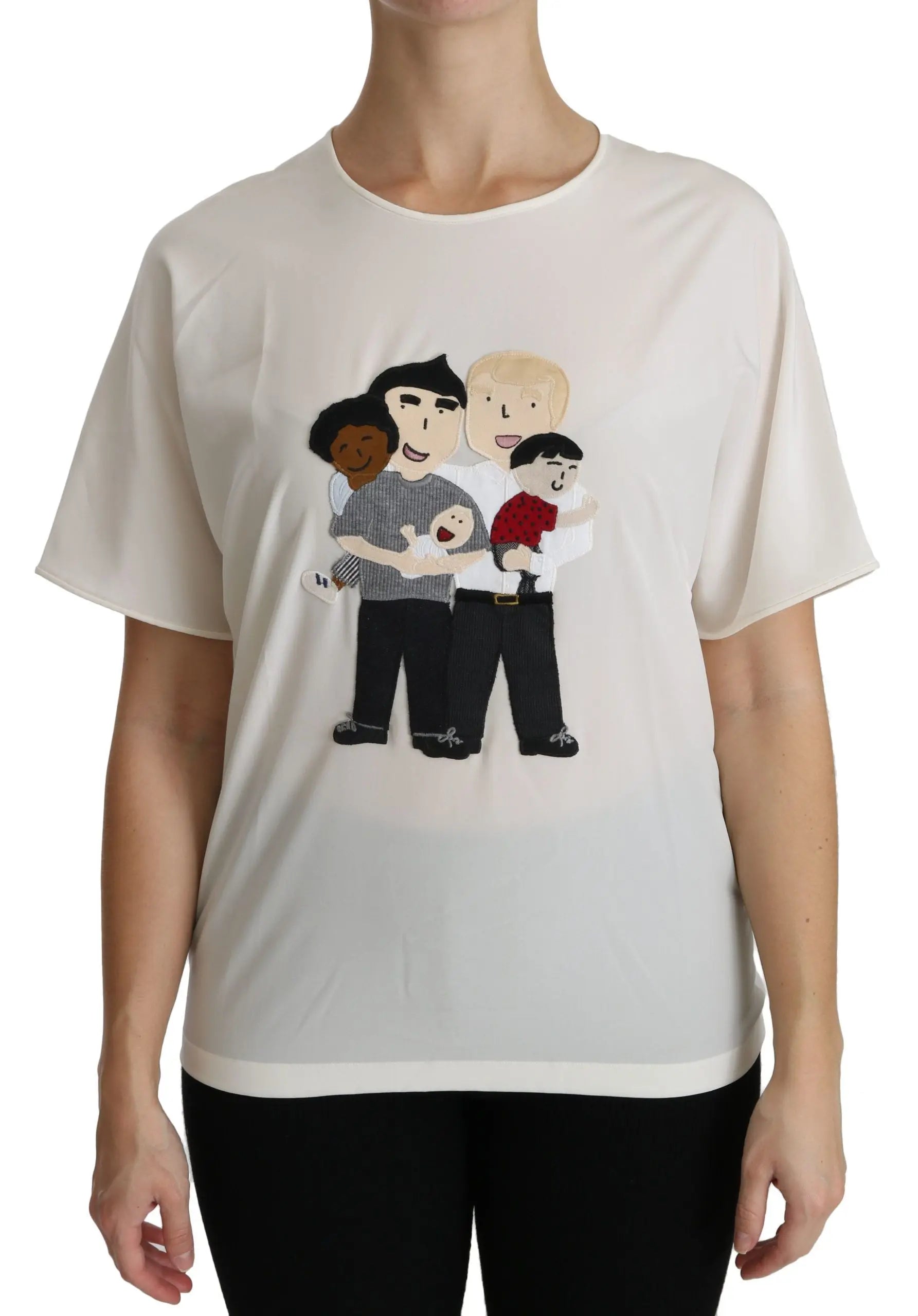 White silk short sleeve blouse with cartoon family patch on front.