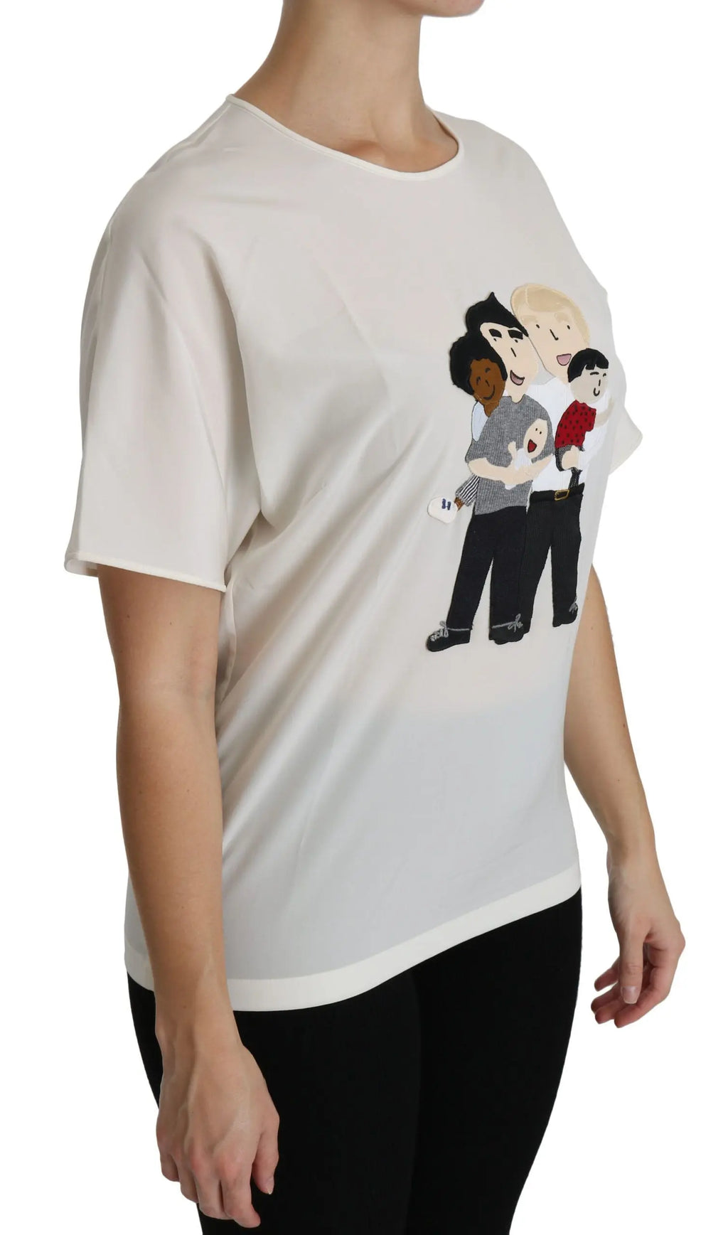 White silk short sleeve blouse with cartoon family patch on front.