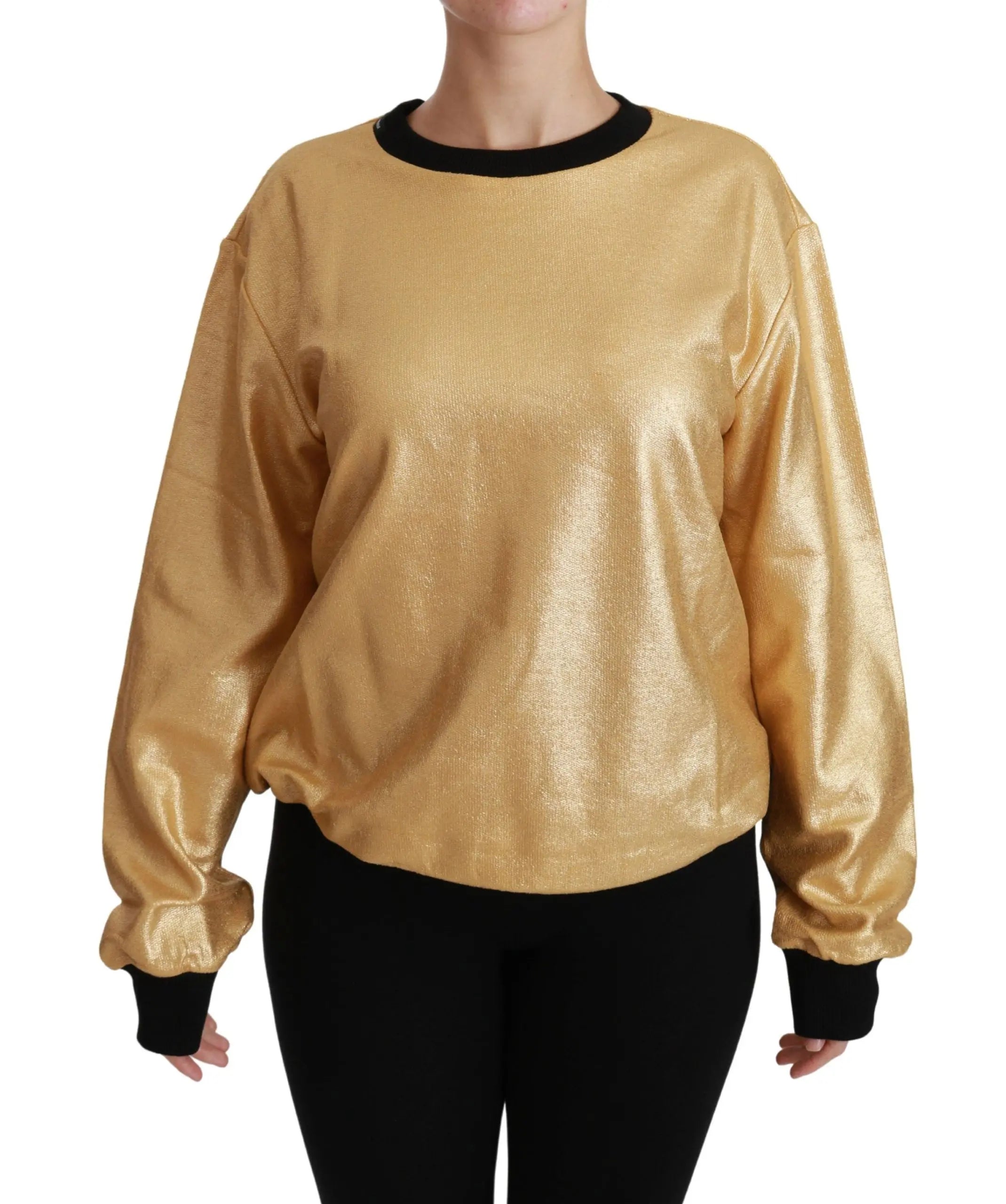 Gold cotton crewneck pullover sweater with black cuffs and neckline, relaxed fit.
