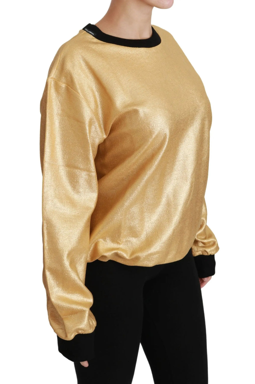 Gold cotton crewneck pullover sweater with black cuffs and neckline, relaxed fit.