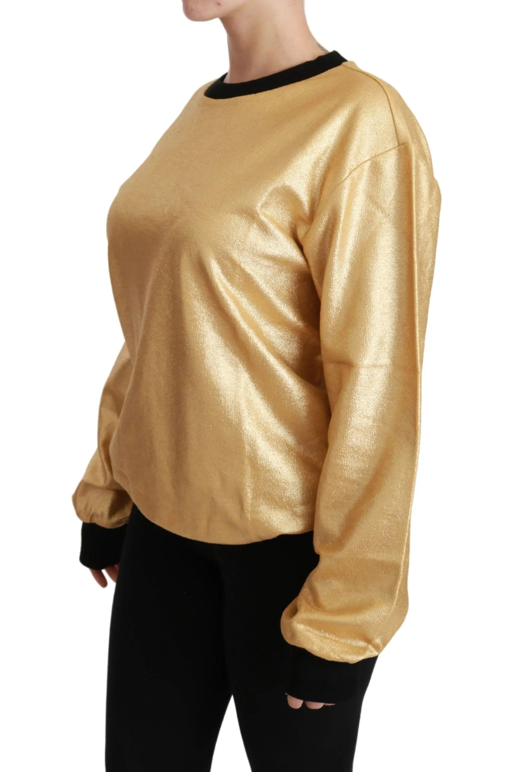 Gold cotton crewneck pullover sweater with black cuffs and neckline, relaxed fit.
