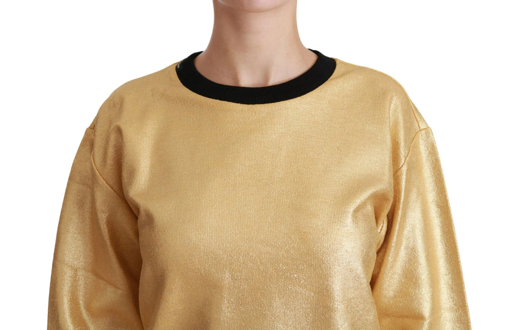 Gold cotton crewneck pullover sweater with black cuffs and neckline, relaxed fit.