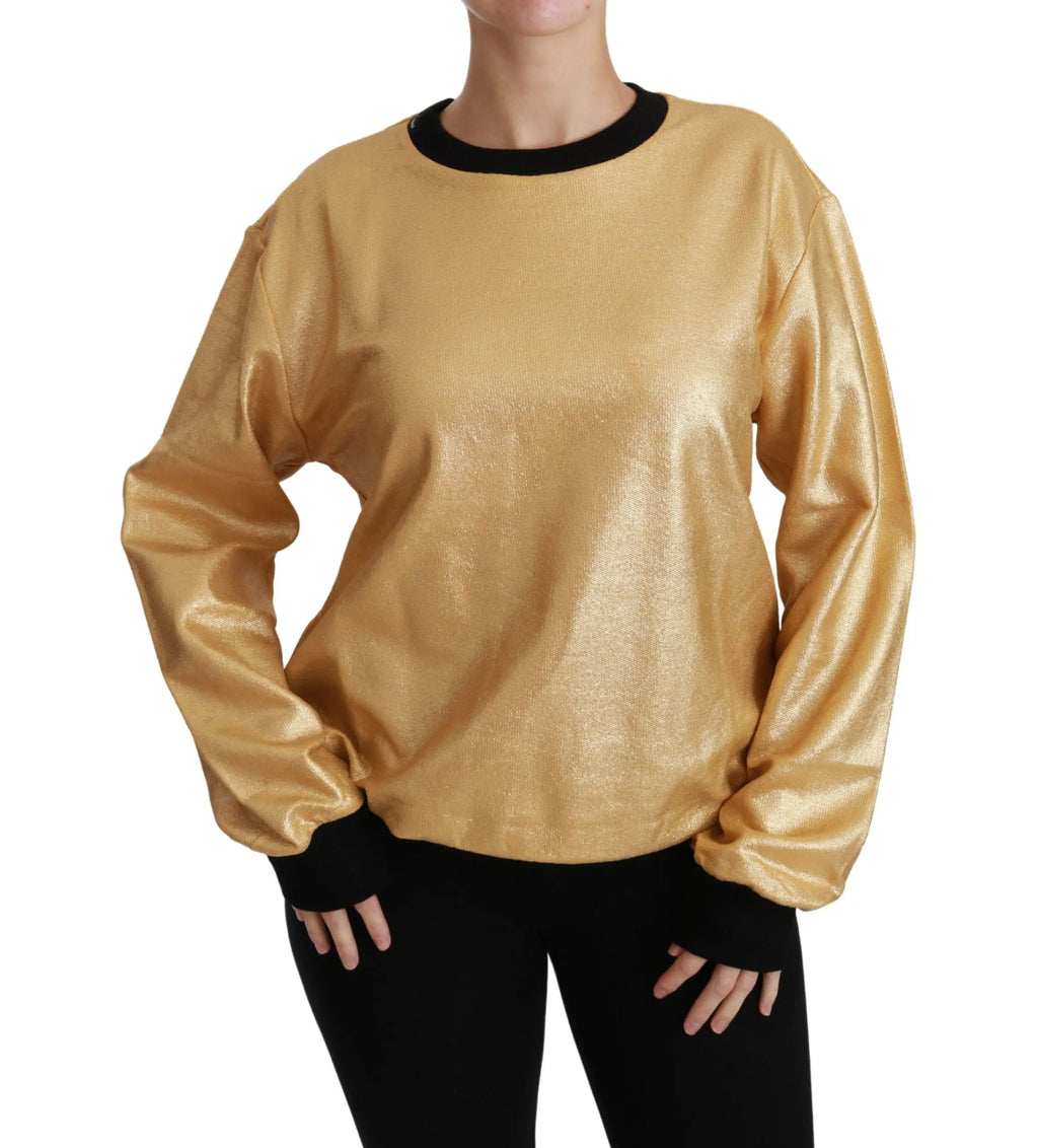 Gold cotton crewneck pullover sweater with black cuffs and neckline, relaxed fit.