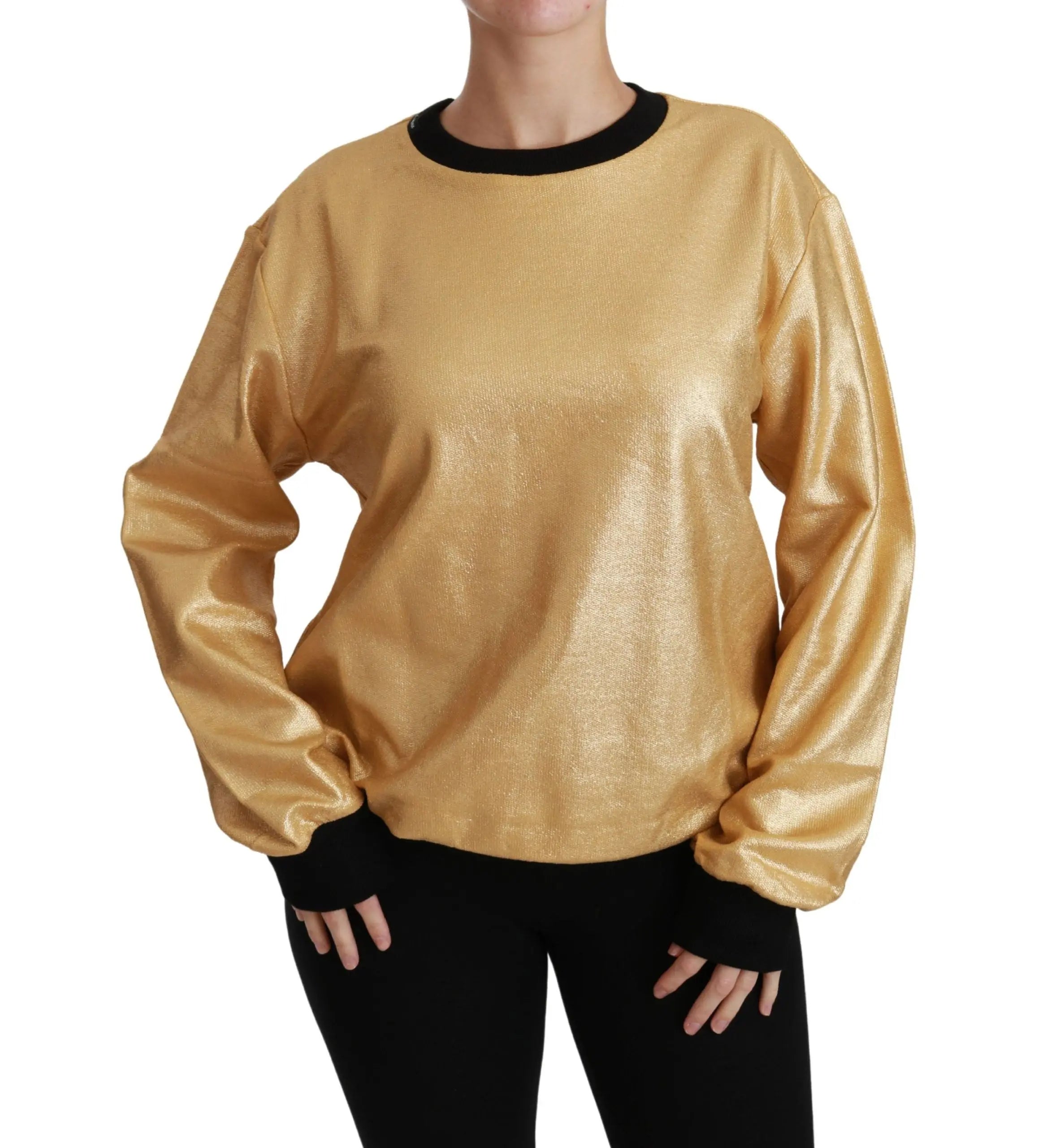Gold cotton crewneck pullover sweater with black cuffs and neckline, relaxed fit.