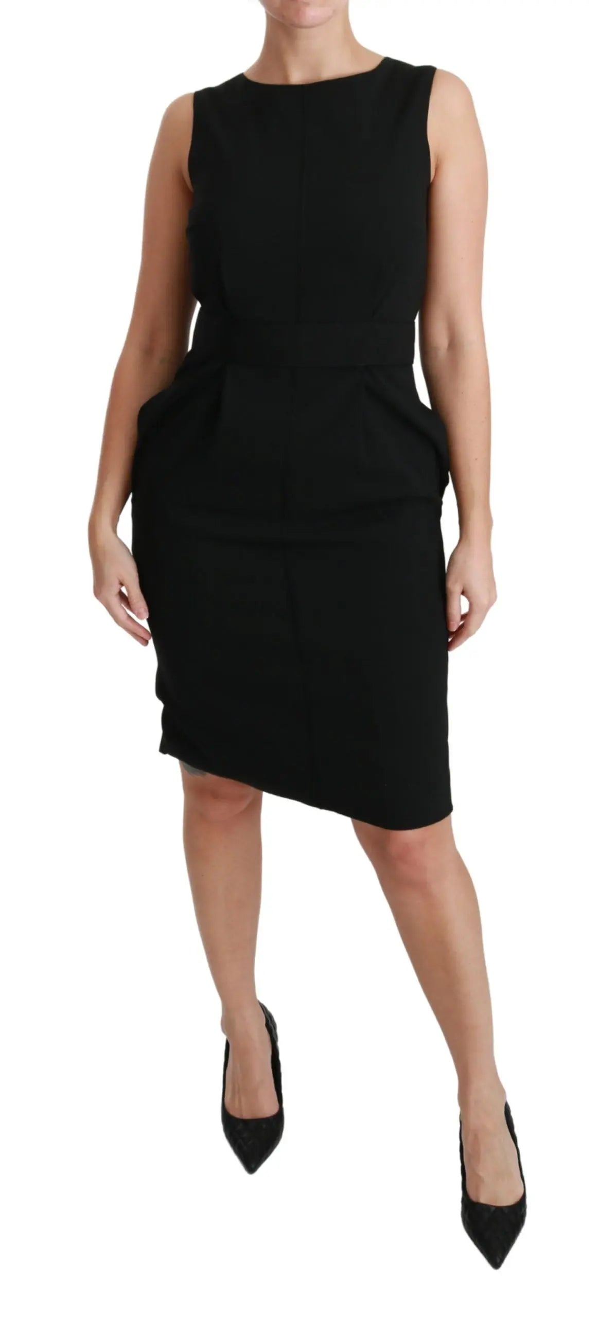 Black sleeveless sheath dress with fitted waist and knee-length hem, made from stretch fabric.
