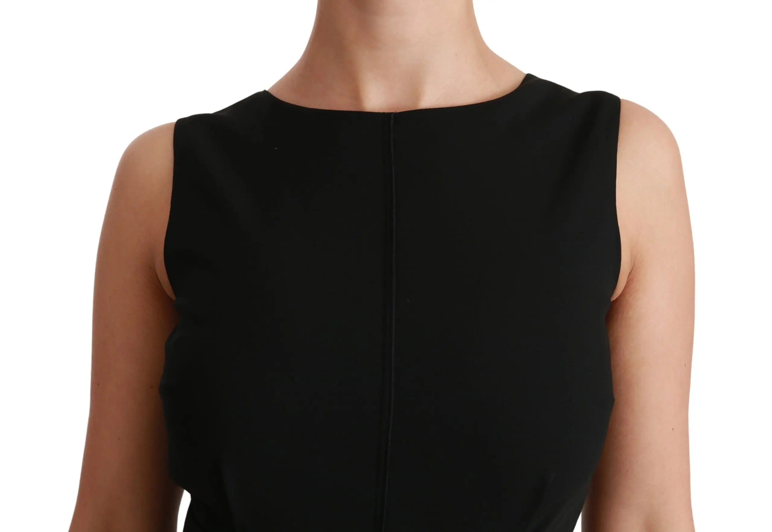 Black sleeveless sheath dress with fitted waist and knee-length hem, made from stretch fabric.