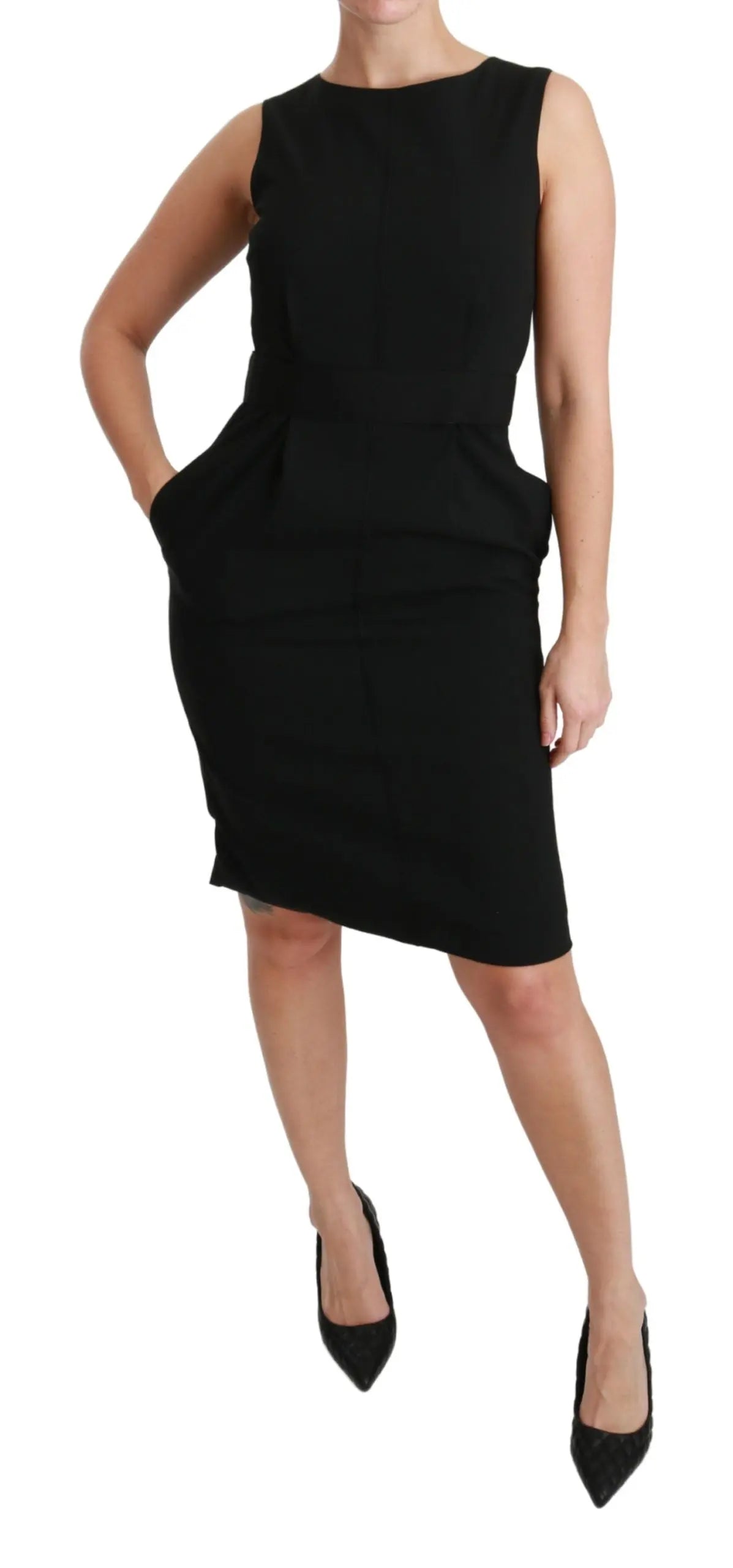 Black sleeveless sheath dress with fitted waist and knee-length hem, made from stretch fabric.