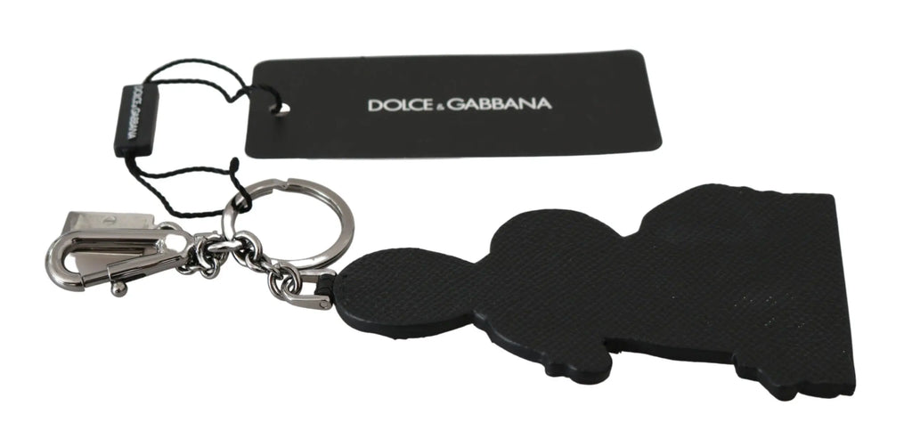 Black leather Dominico Stefano keychain with silver brass chain, clasp, and DGFamily logo badge.