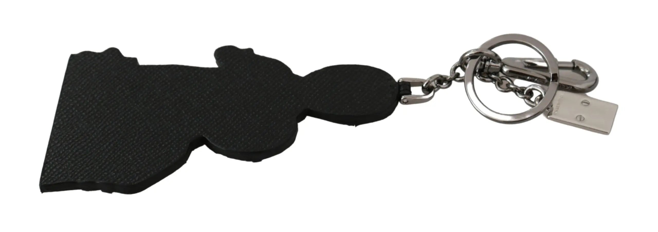Leather keychain with two cartoon figures wearing glasses and a red camera accessory on a brass chain and clasp.