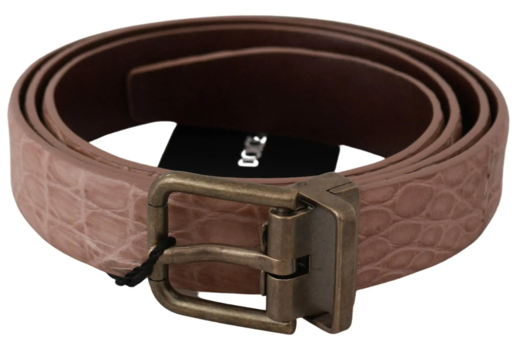 Beige leather belt with crocodile texture and antique gold rectangular buckle.