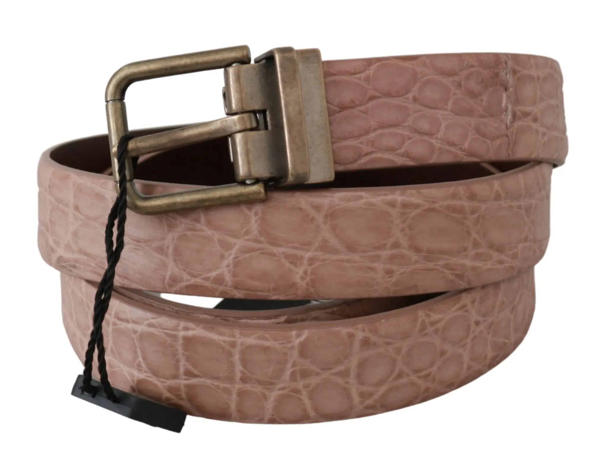 Beige leather belt with crocodile texture and antique gold rectangular buckle.