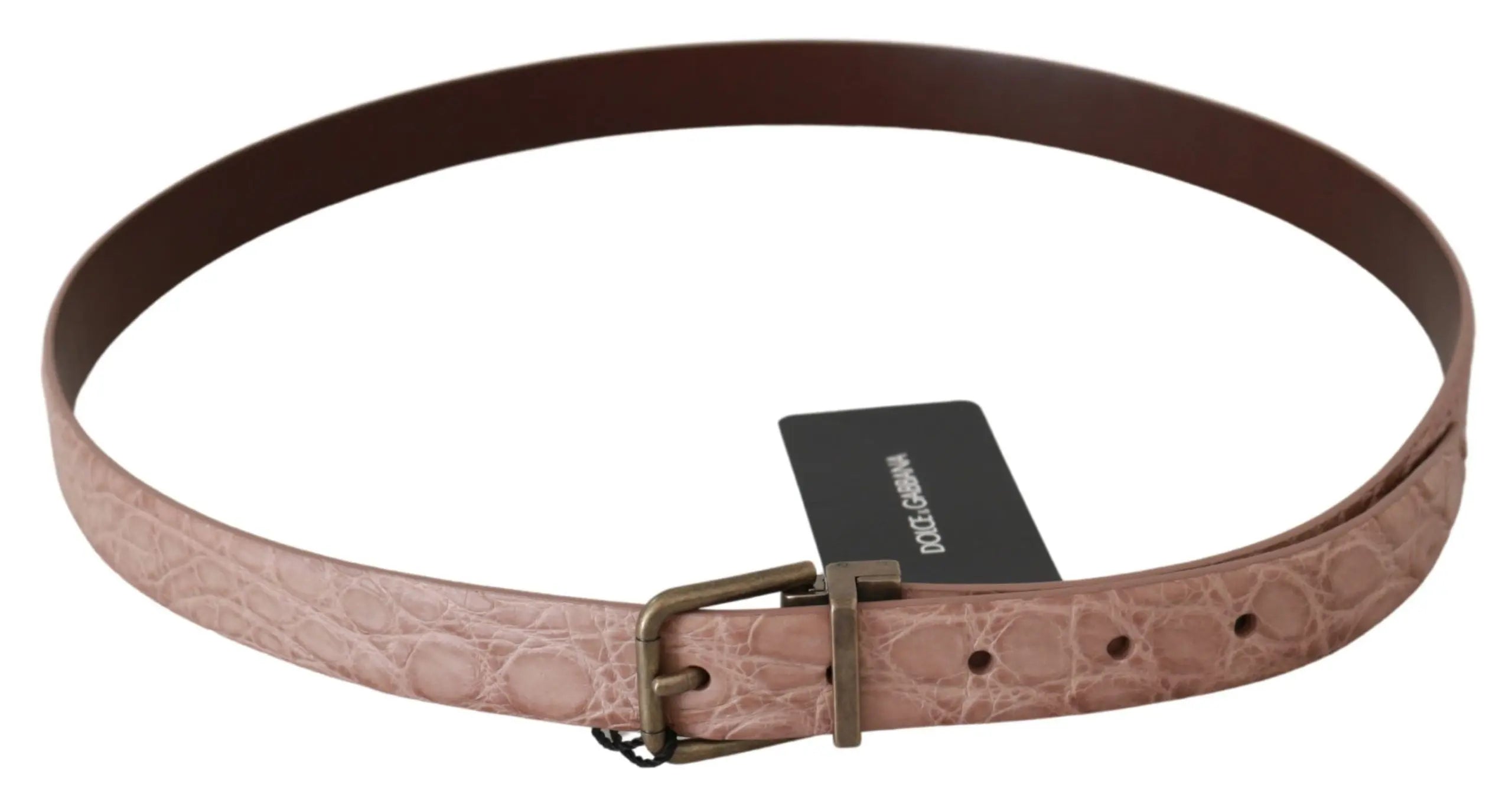 Beige leather belt with crocodile texture and antique gold rectangular buckle.