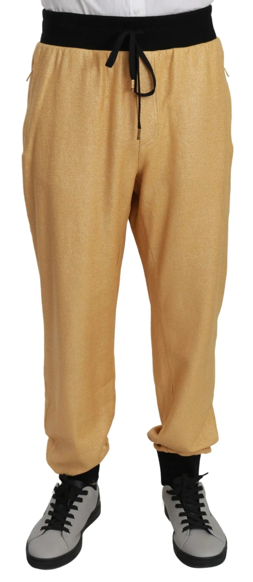 Gold cotton jogger pants with black drawstring waistband, relaxed fit, men's sportswear.