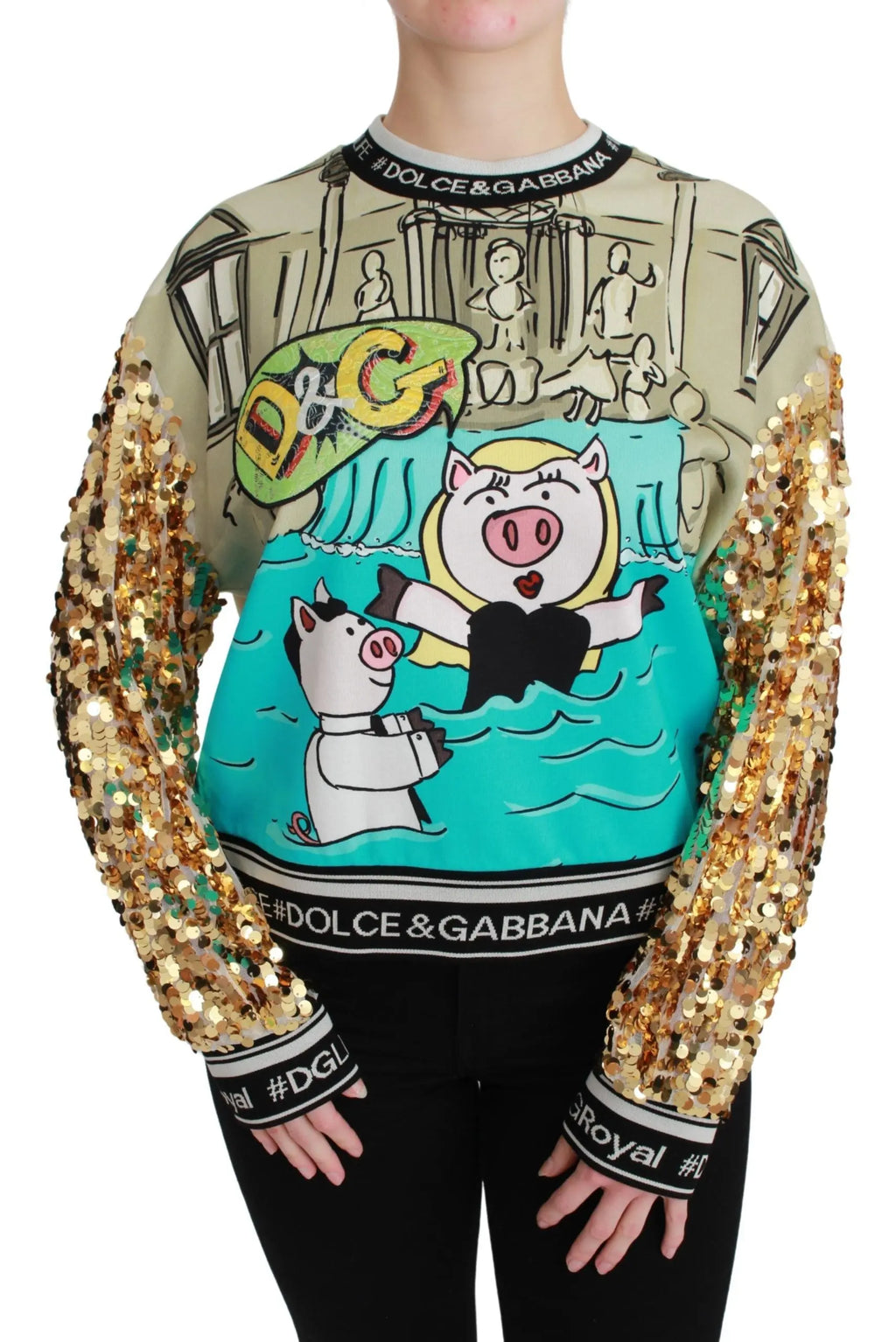 Multicolor sequined sweater with cartoon pig design, gold sequin sleeves, and black logo cuffs.