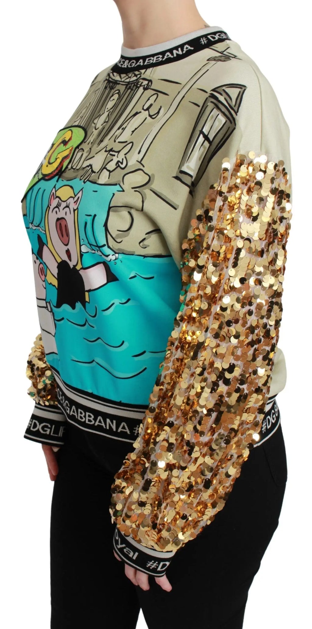 Multicolor sequined sweater with cartoon pig design, gold sequin sleeves, and black logo cuffs.