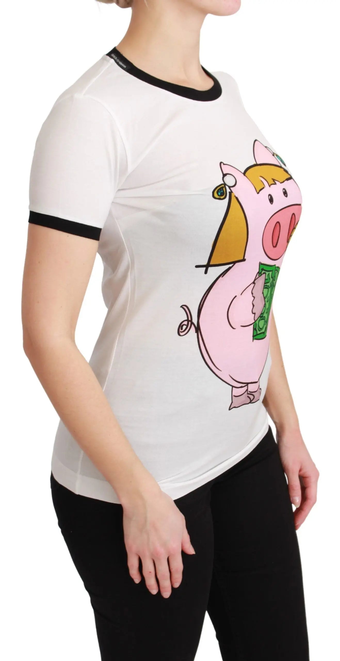 White cotton T-shirt with black trim and cartoon pig holding gold coin graphic.