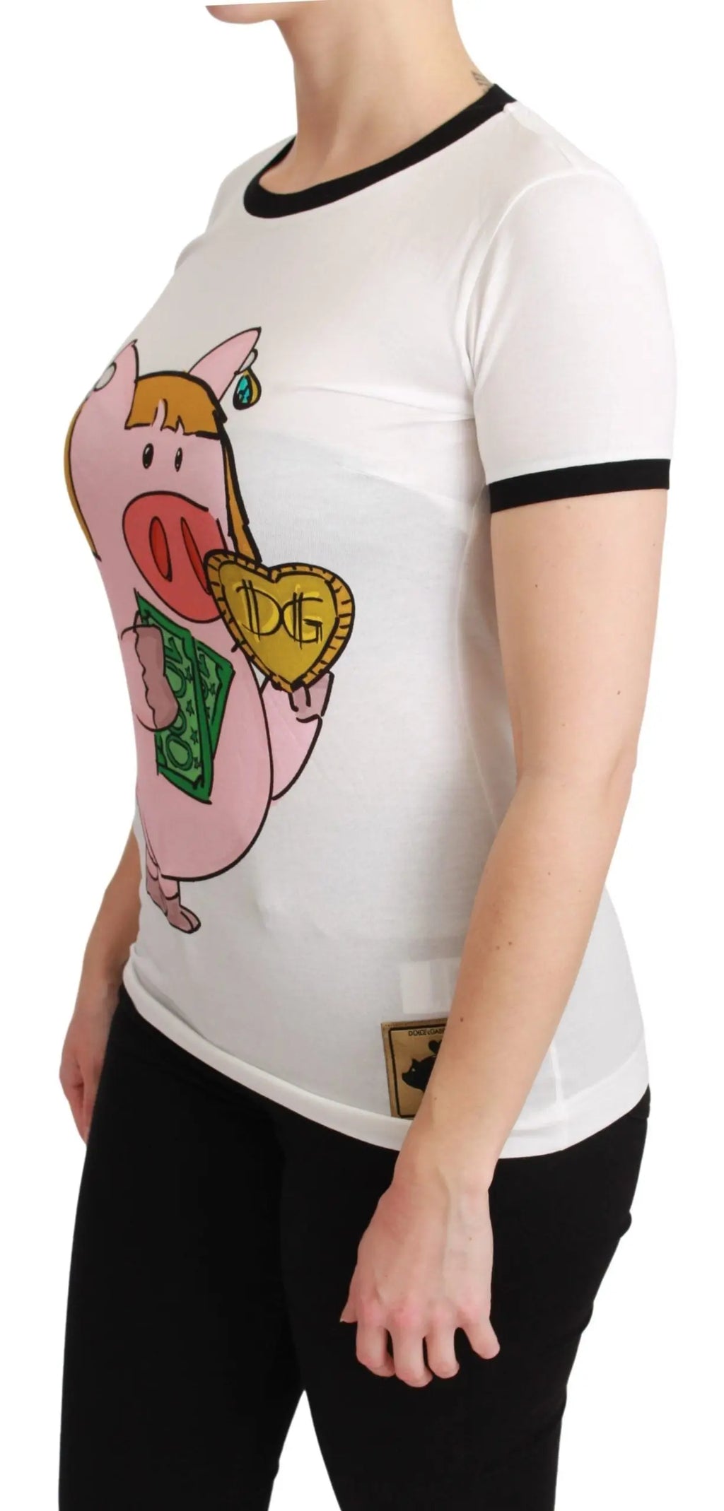 White cotton T-shirt with black trim and cartoon pig holding gold coin graphic.