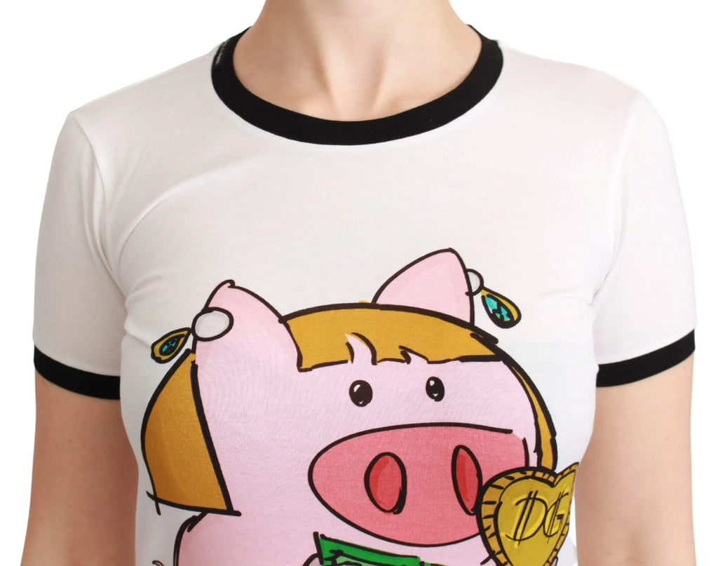 White cotton T-shirt with black trim and cartoon pig holding gold coin graphic.