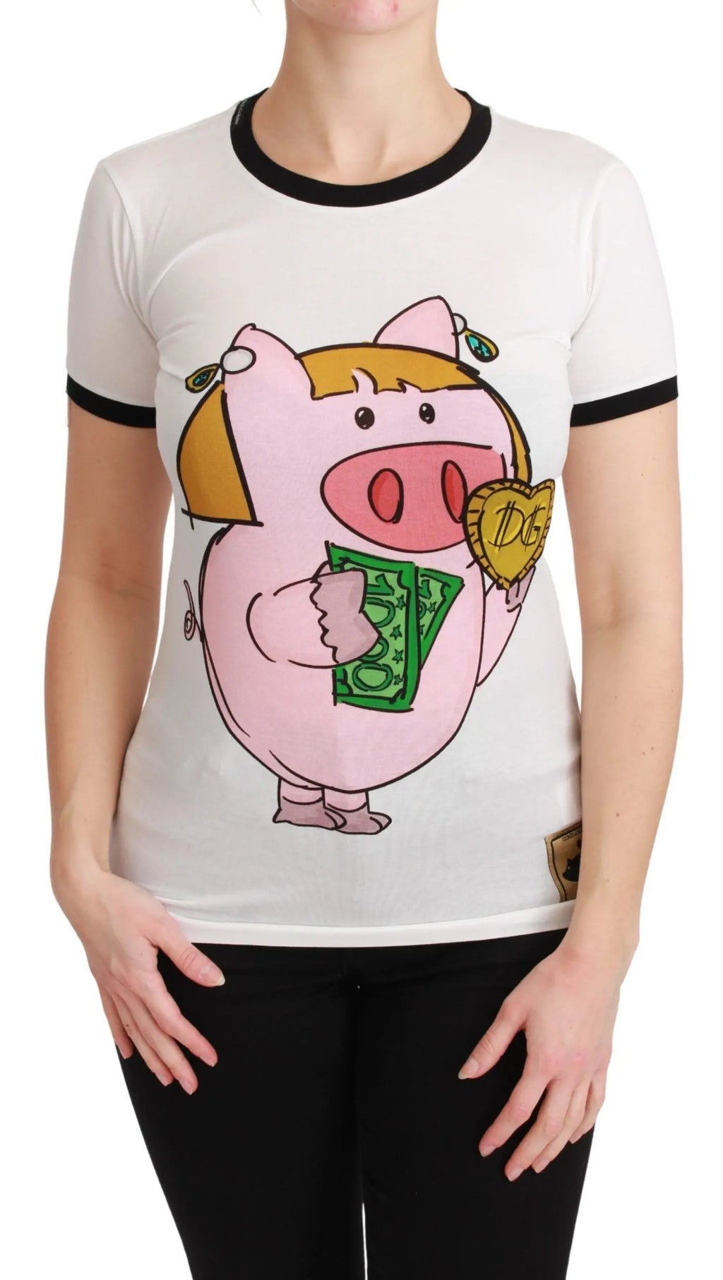 White cotton T-shirt with black trim and cartoon pig holding gold coin graphic.