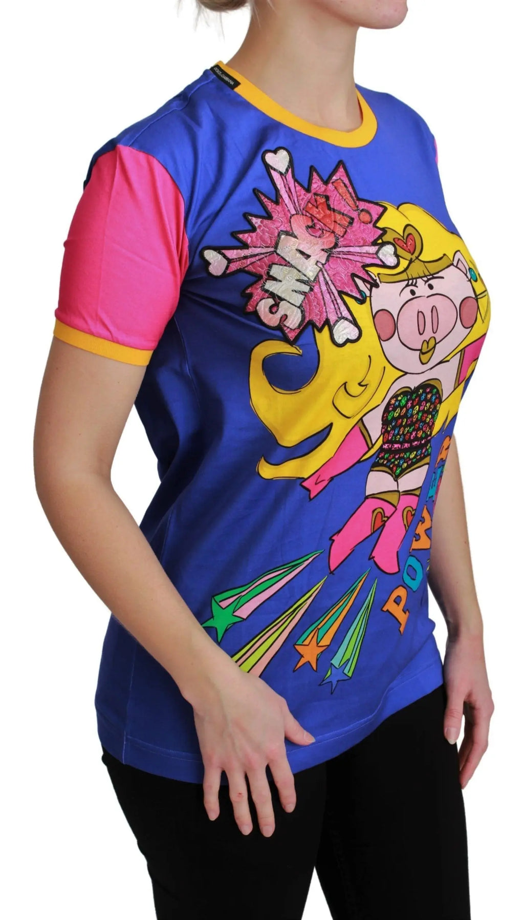 Blue cotton T-shirt with colorful cartoon pig graphic and yellow trim on collar and sleeves.