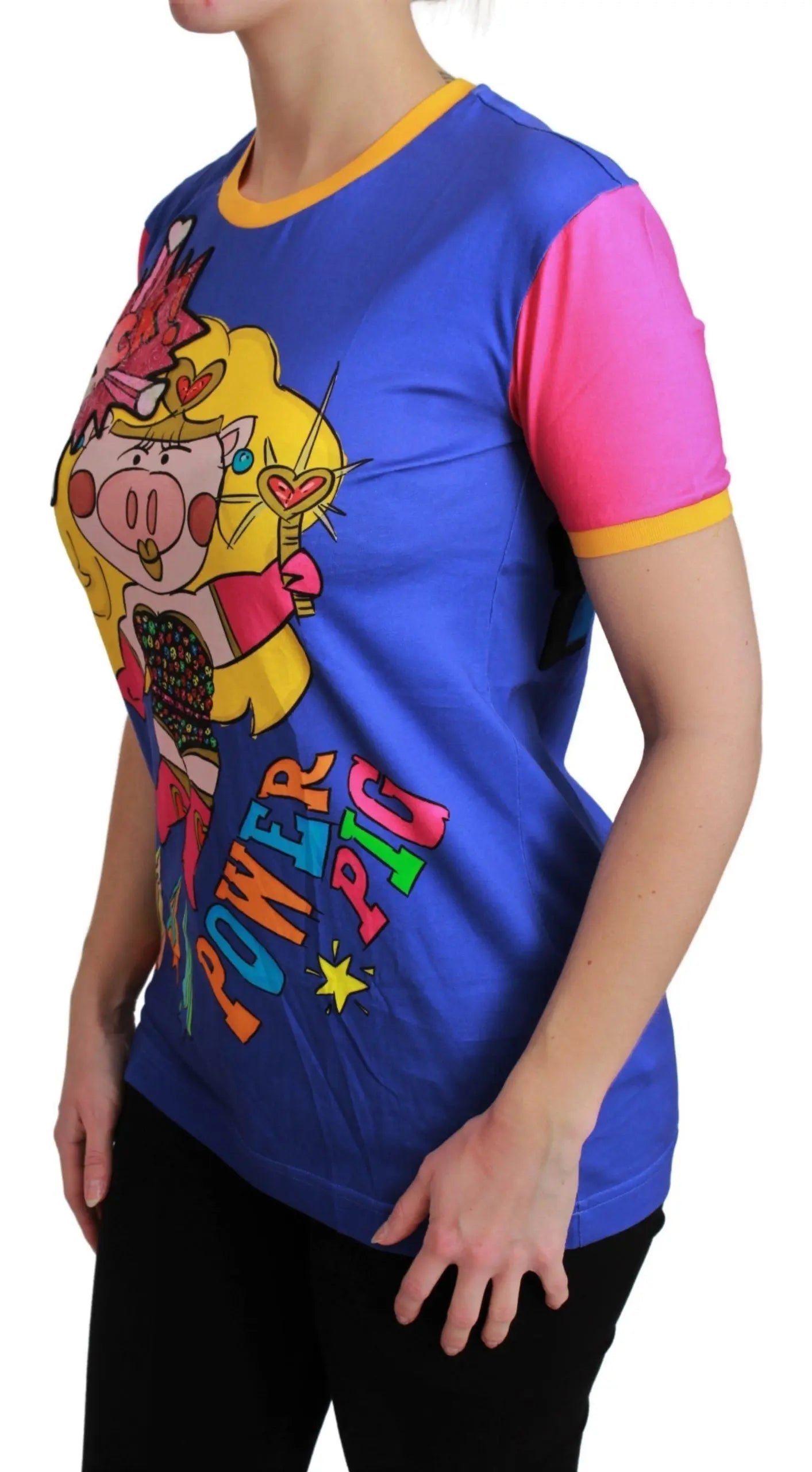 Blue cotton T-shirt with colorful cartoon pig graphic and yellow trim on collar and sleeves.