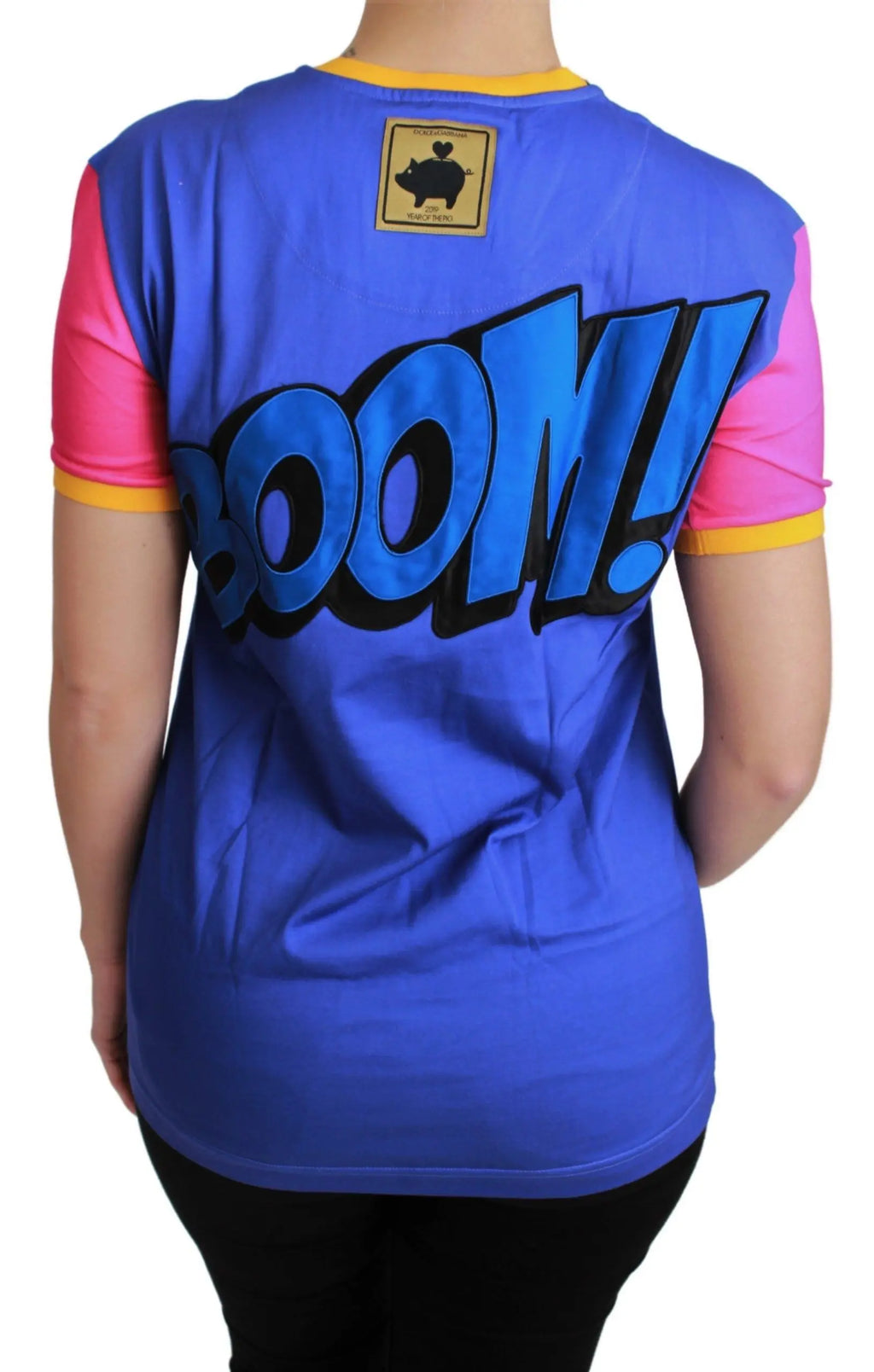 Blue cotton T-shirt with colorful cartoon pig graphic and yellow trim on collar and sleeves.