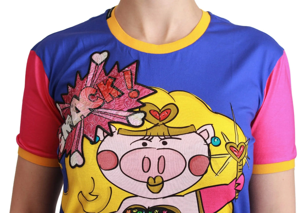 Blue cotton T-shirt with colorful cartoon pig graphic and yellow trim on collar and sleeves.