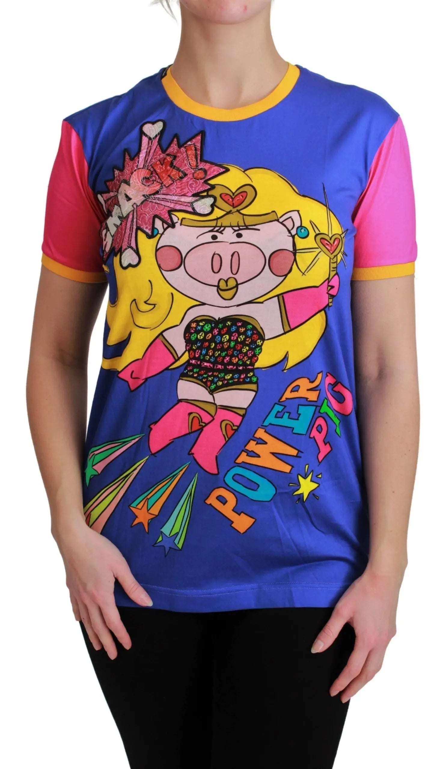 Blue cotton T-shirt with colorful cartoon pig graphic and yellow trim on collar and sleeves.