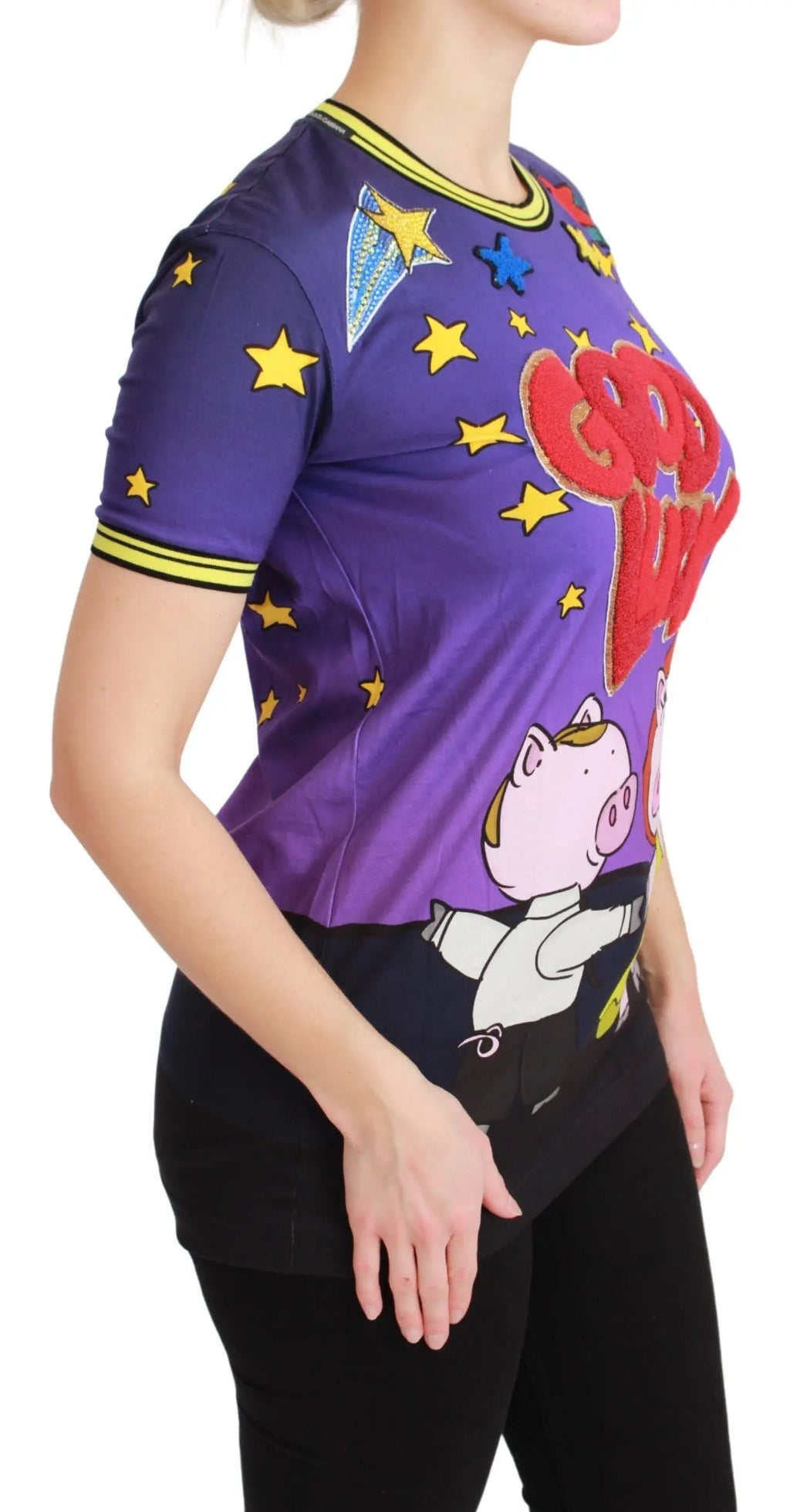Purple cotton T-shirt with yellow stars and "Good Luck" text featuring two cartoon pigs on front.