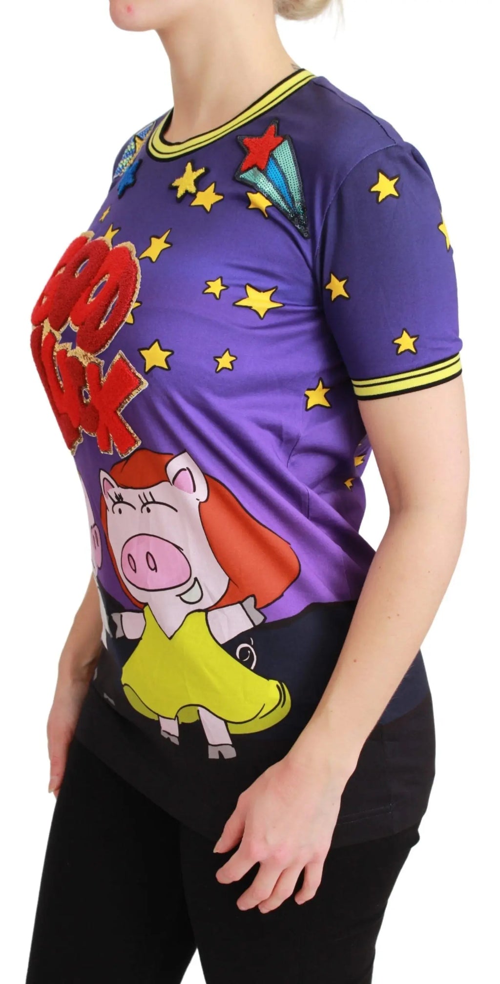 Purple cotton T-shirt with yellow stars and "Good Luck" text featuring two cartoon pigs on front.
