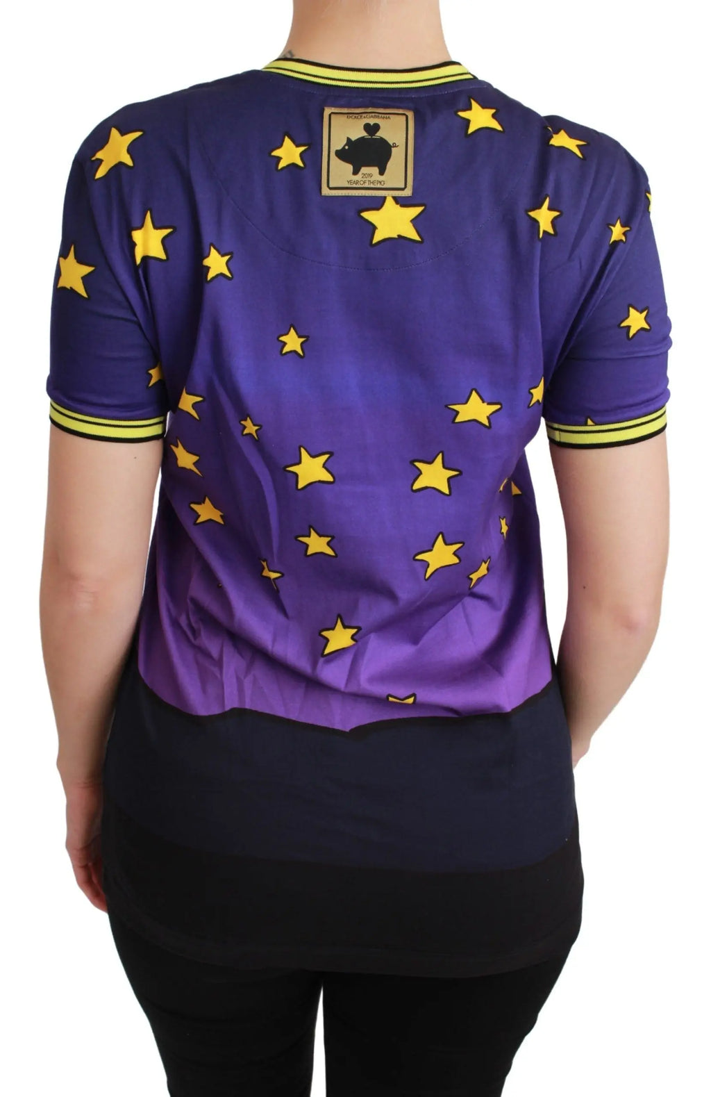Purple cotton T-shirt with yellow stars and "Good Luck" text featuring two cartoon pigs on front.