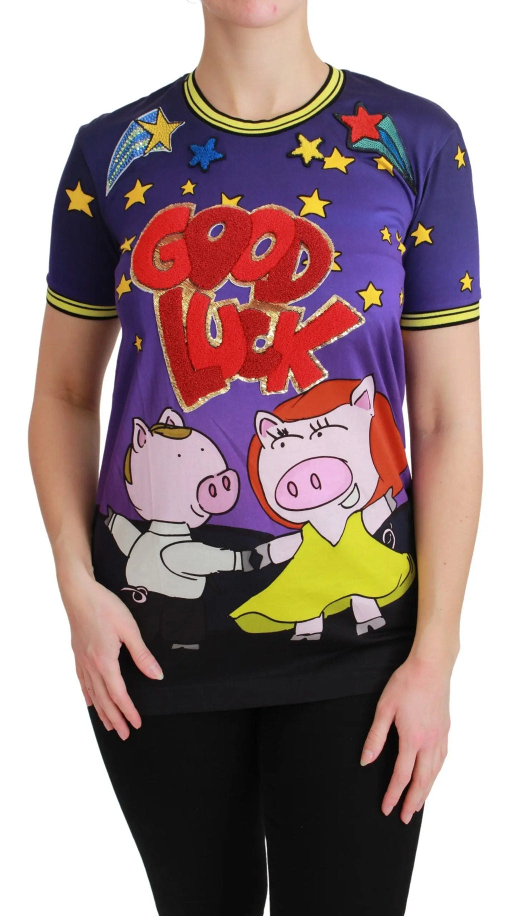 Purple cotton T-shirt with yellow stars and "Good Luck" text featuring two cartoon pigs on front.